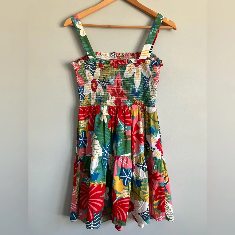 SUGAR + LIPS Colorful Floral Smocked Tiered Cotton Mini Dress Size M (Like a S) - Picture 6 of 11